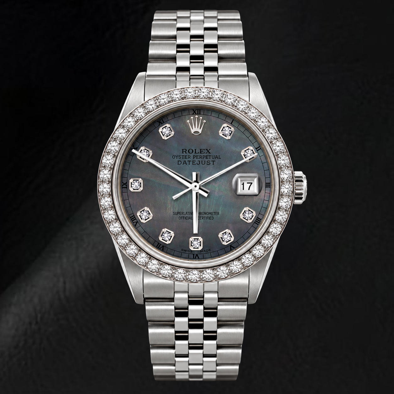 Rolex Datejust 16200 36 mm Armbanduhr aus Edelstahl mit schwarzem Perlmutt-Diamantzifferblatt