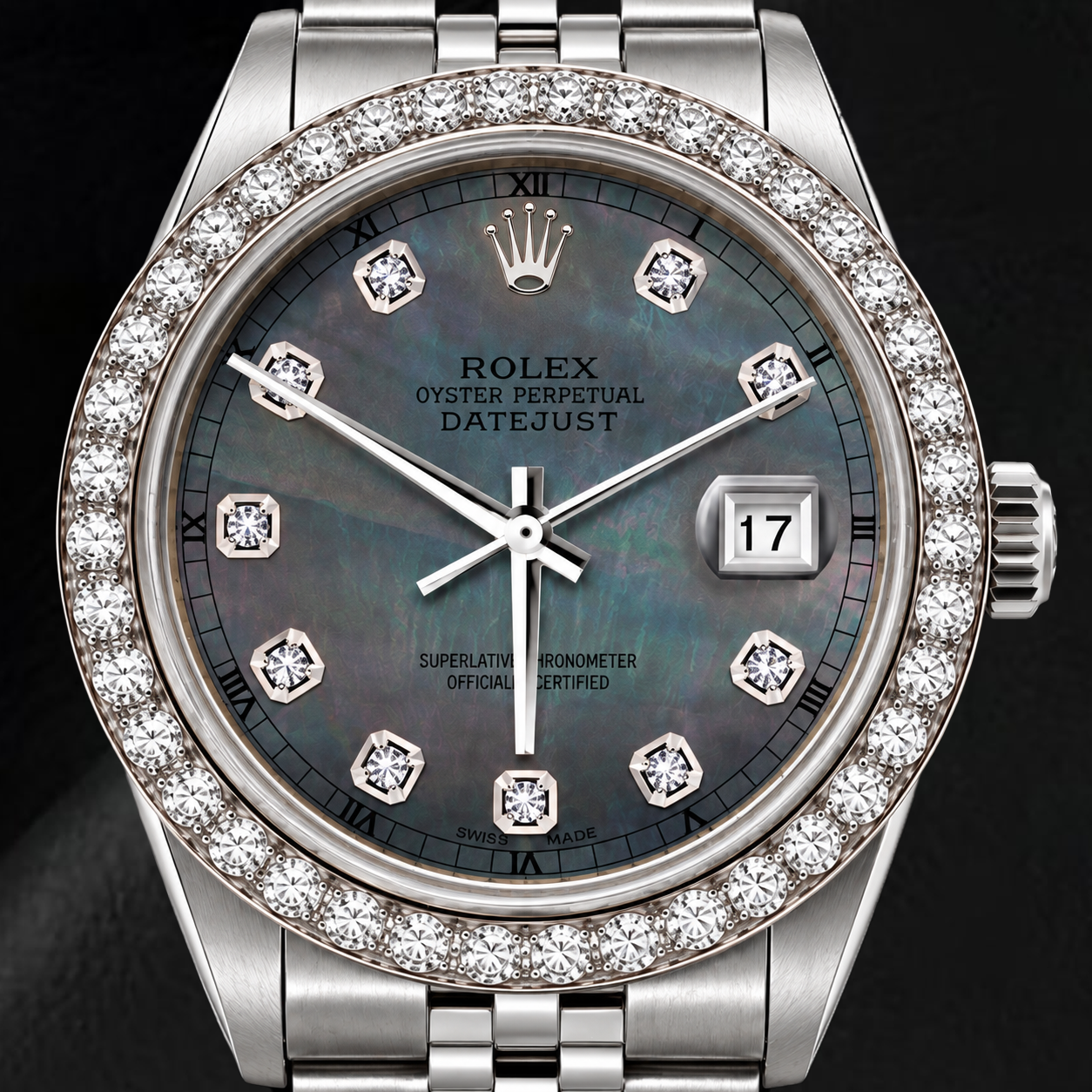 Rolex Datejust 16200 36 mm Armbanduhr aus Edelstahl mit schwarzem Perlmutt-Diamantzifferblatt