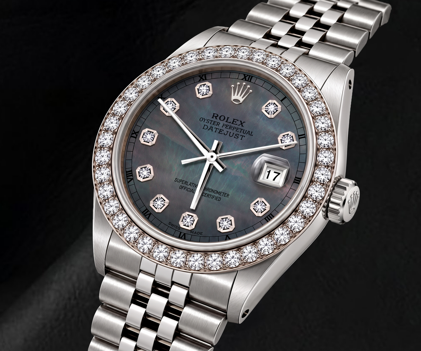 Rolex Datejust 16200 36 mm Armbanduhr aus Edelstahl mit schwarzem Perlmutt-Diamantzifferblatt
