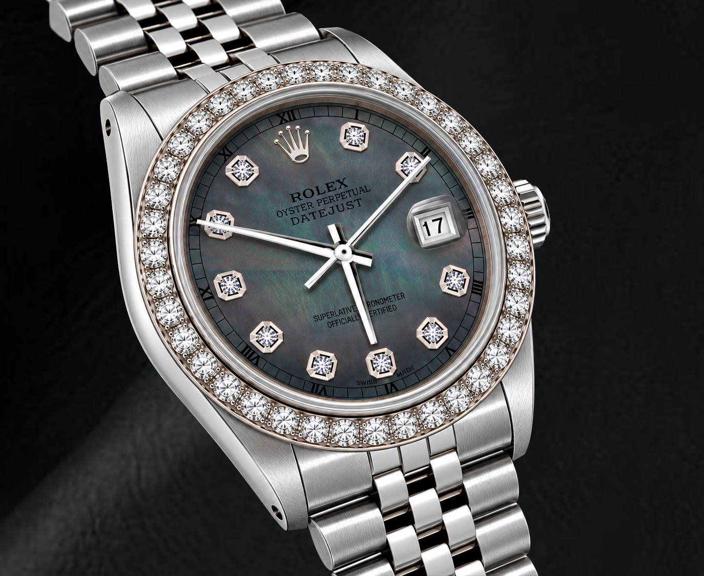 Rolex Datejust 16200 36 mm Armbanduhr aus Edelstahl mit schwarzem Perlmutt-Diamantzifferblatt