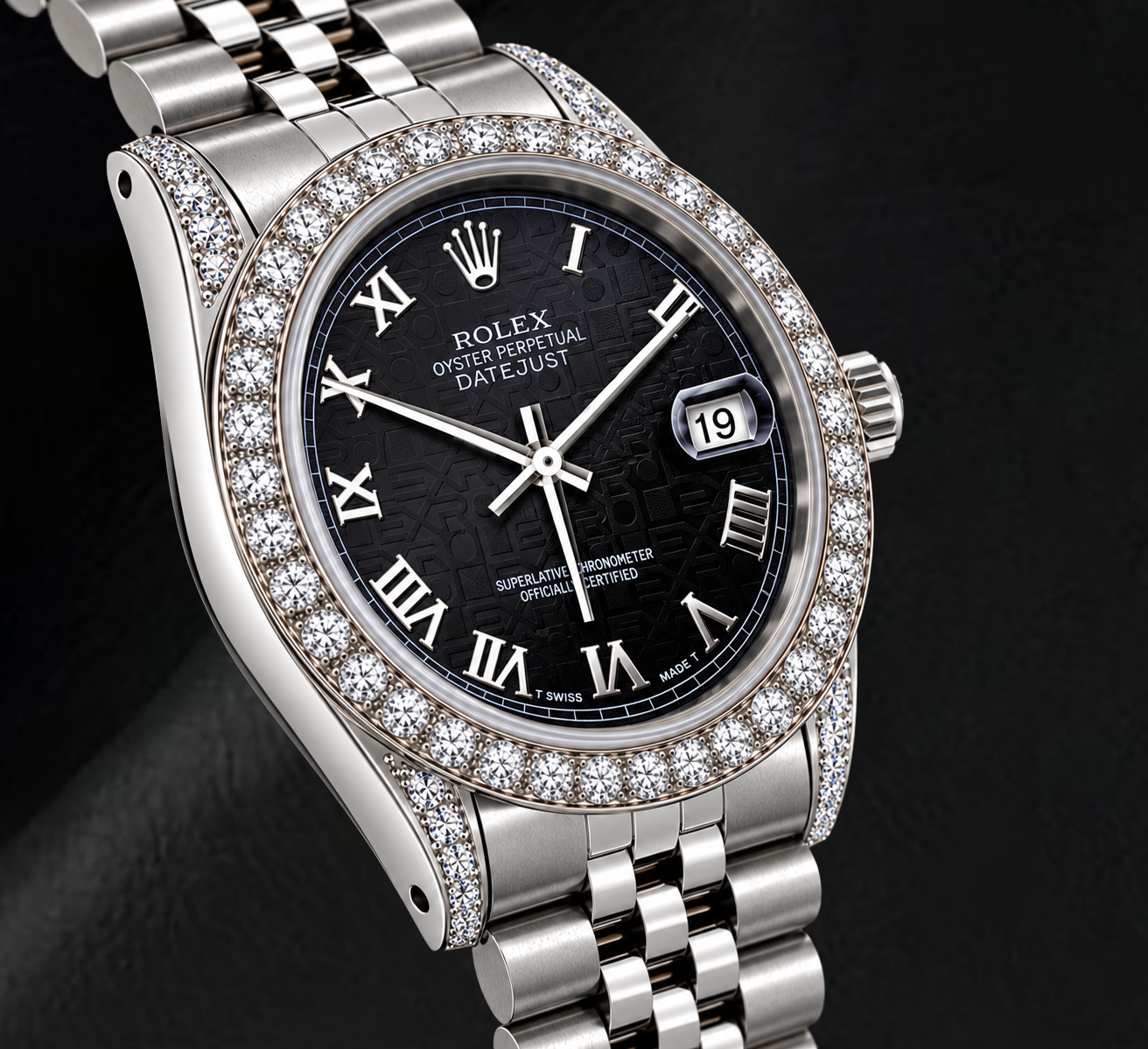 Rolex Datejust 16200 36 mm Uhr aus Edelstahl mit schwarzem Jubilé-Zifferblatt und römischen Ziffern