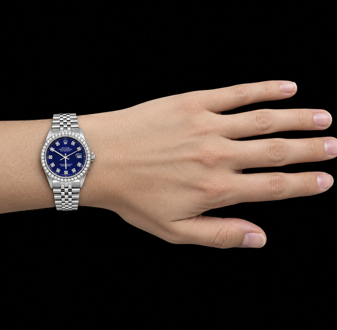 Rolex Datejust 16200 36 mm Armbanduhr aus Edelstahl mit blauem Diamantzifferblatt