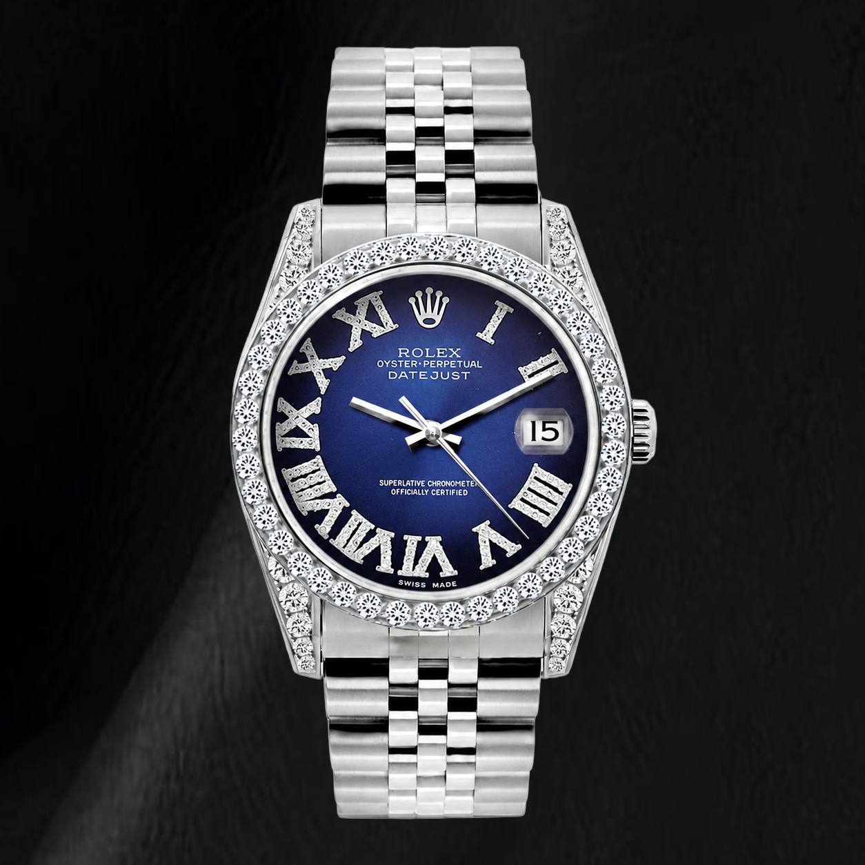 Rolex Datejust 16200 36 mm Uhr aus Edelstahl mit blauem Diamantzifferblatt und römischen Ziffern