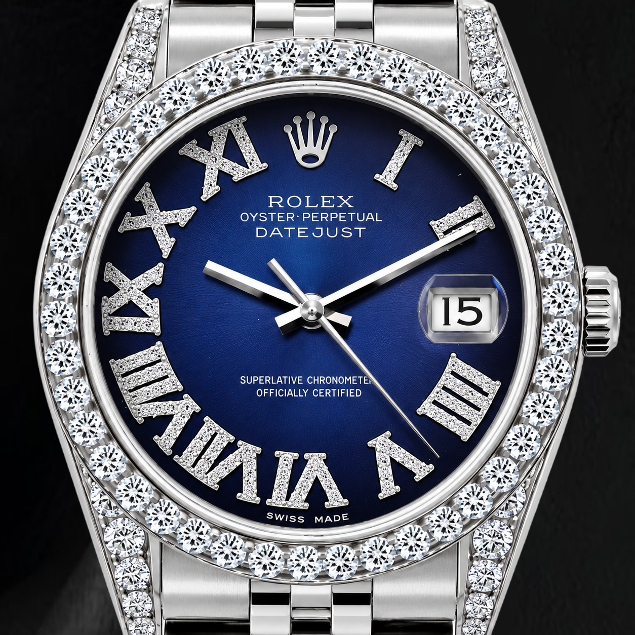 Rolex Datejust 16200 36 mm Uhr aus Edelstahl mit blauem Diamantzifferblatt und römischen Ziffern