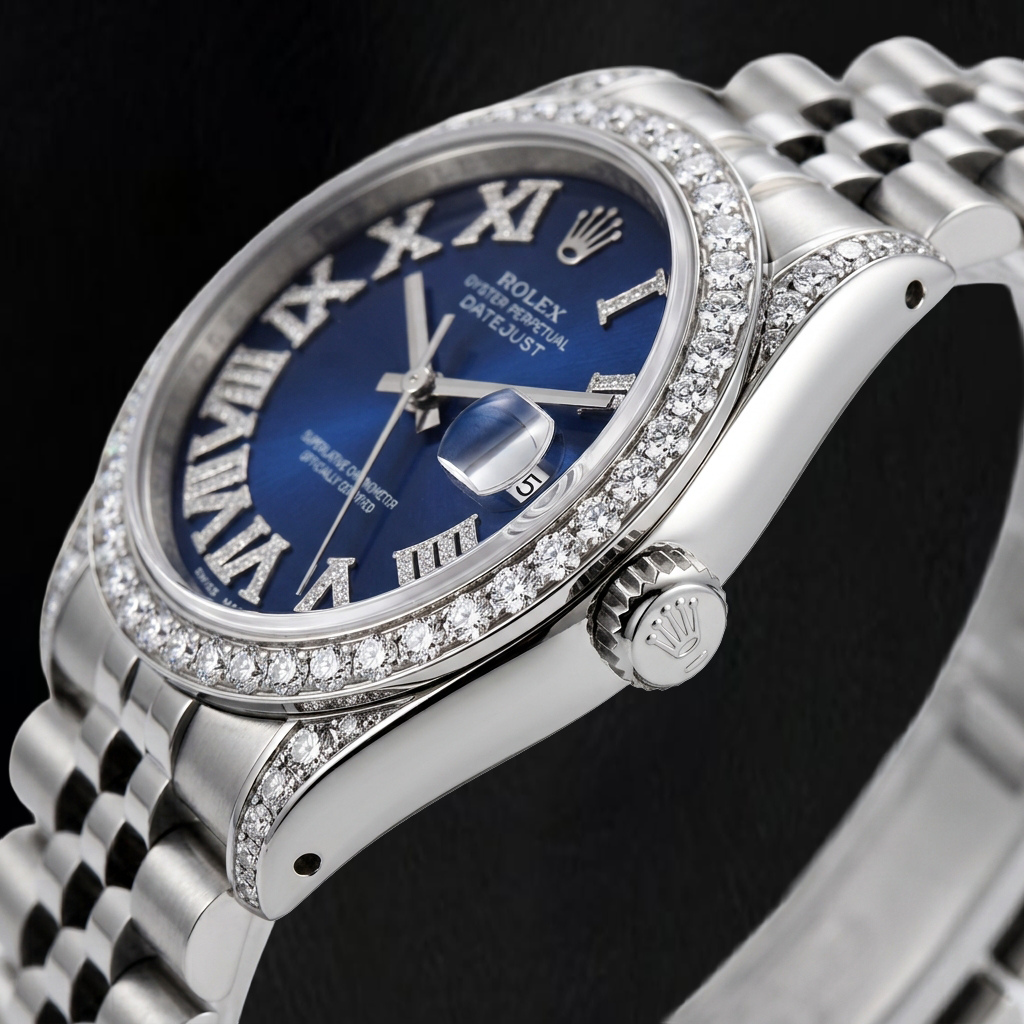 Rolex Datejust 16200 36 mm Uhr aus Edelstahl mit blauem Diamantzifferblatt und römischen Ziffern