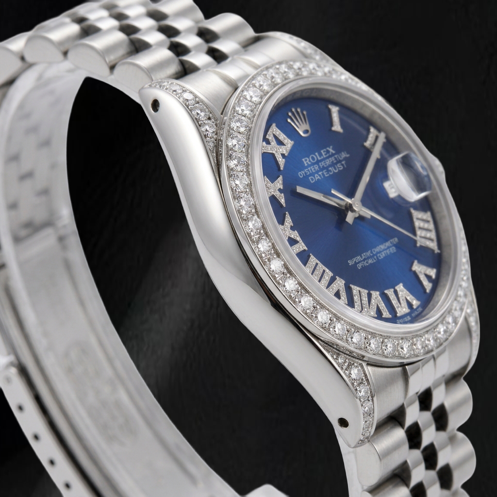 Rolex Datejust 16200 36 mm Uhr aus Edelstahl mit blauem Diamantzifferblatt und römischen Ziffern