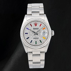 Rolex Datejust 16200 36 mm Edelstahl-Armbanduhr mit Regenbogen-Pavé-Diamantzifferblatt