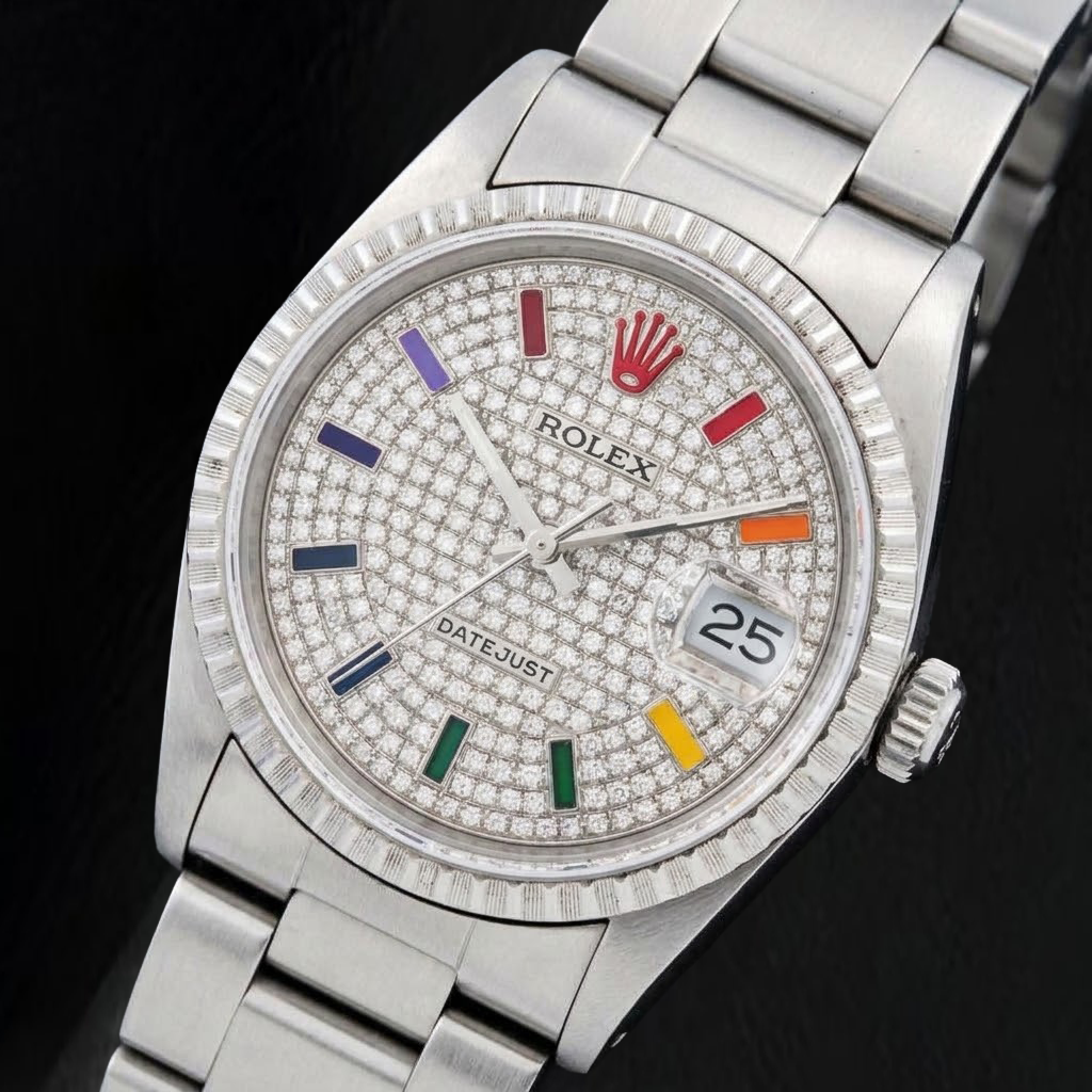 Rolex Datejust 16200 36 mm Edelstahl-Armbanduhr mit Regenbogen-Pavé-Diamantzifferblatt