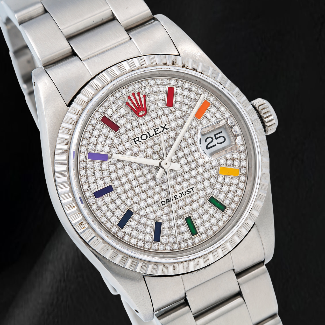 Rolex Datejust 16200 36 mm Edelstahl-Armbanduhr mit Regenbogen-Pavé-Diamantzifferblatt