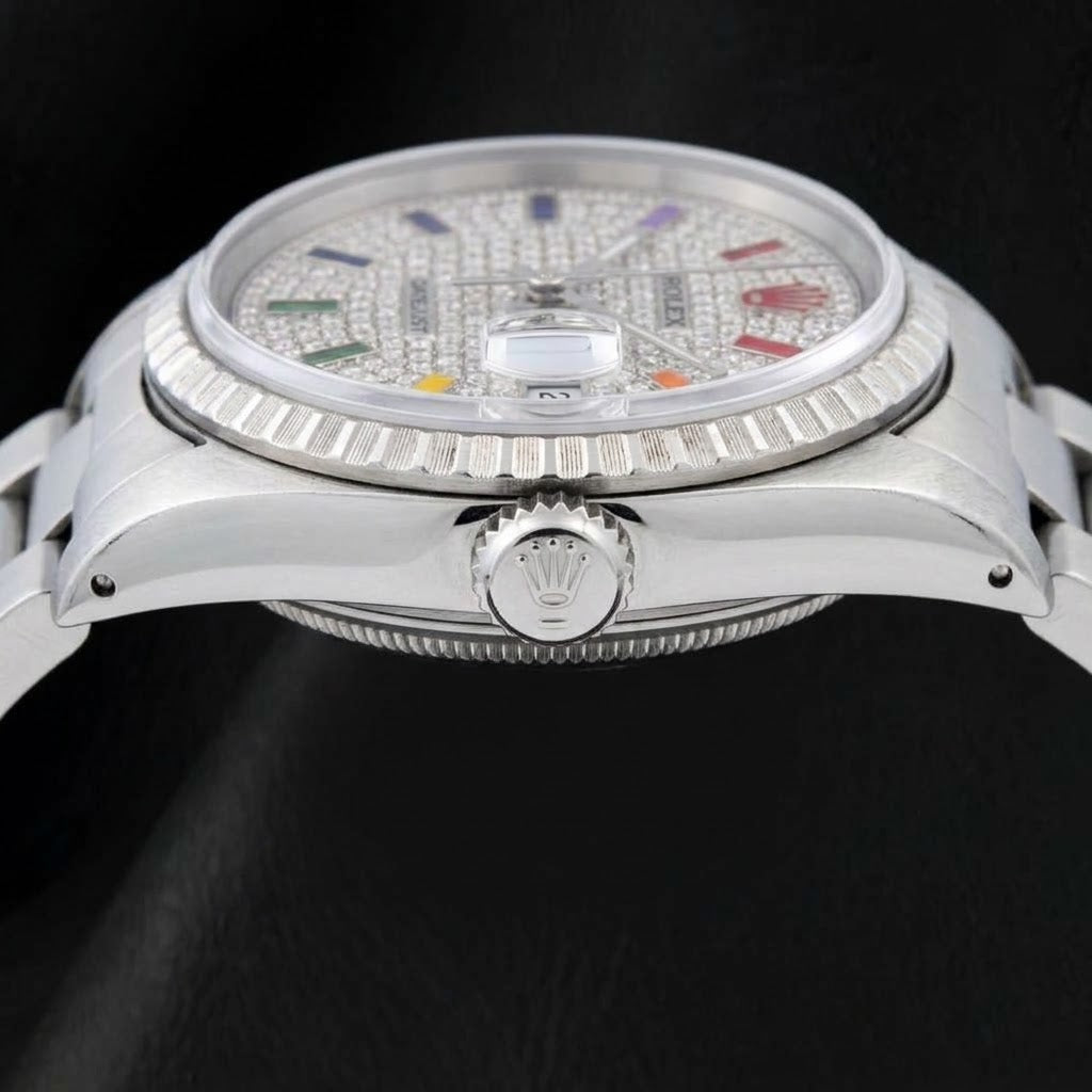 Rolex Datejust 16200 36 mm Edelstahl-Armbanduhr mit Regenbogen-Pavé-Diamantzifferblatt