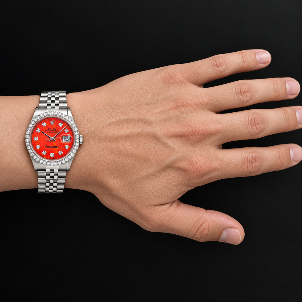 Rolex Datejust 16200 36 mm Edelstahluhr mit rotem Diamantzifferblatt