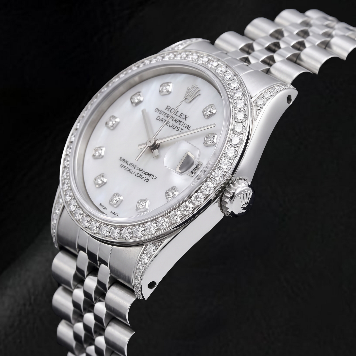 Rolex Datejust 16200 36 mm Edelstahl-Uhr mit weißem Perlmutt-Diamantzifferblatt