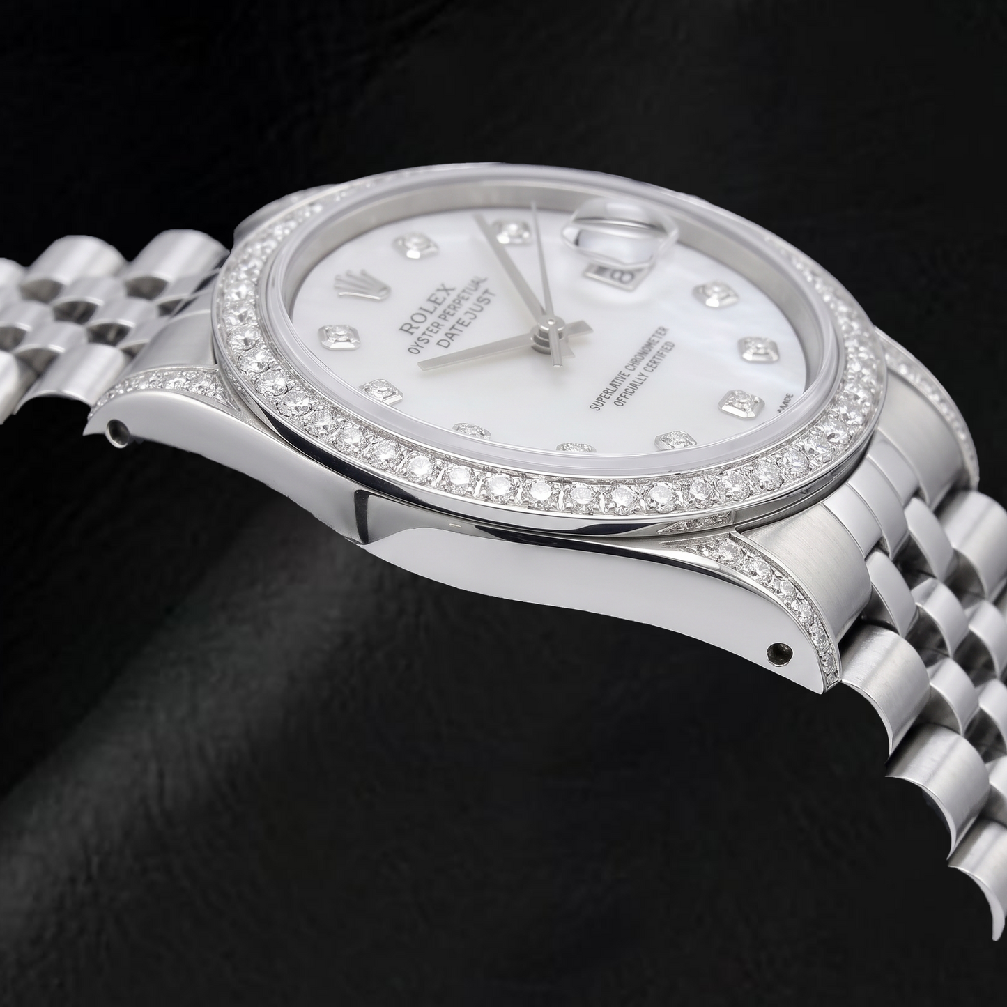 Rolex Datejust 16200 36 mm Edelstahl-Uhr mit weißem Perlmutt-Diamantzifferblatt