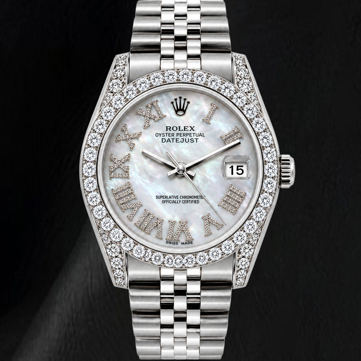 Rolex Datejust 16200 36 mm Edelstahl Armbanduhr mit weißem Perlmutt-Diamantzifferblatt und römischen Ziffern