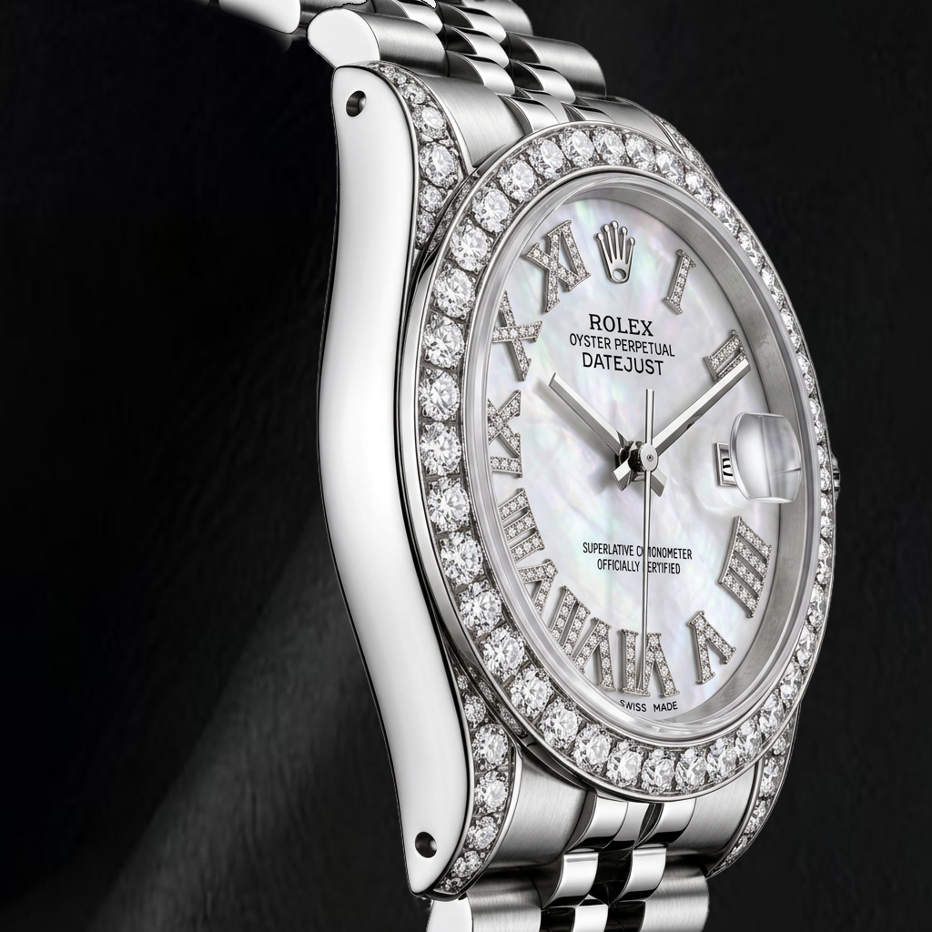Rolex Datejust 16200 36 mm Edelstahl Armbanduhr mit weißem Perlmutt-Diamantzifferblatt und römischen Ziffern