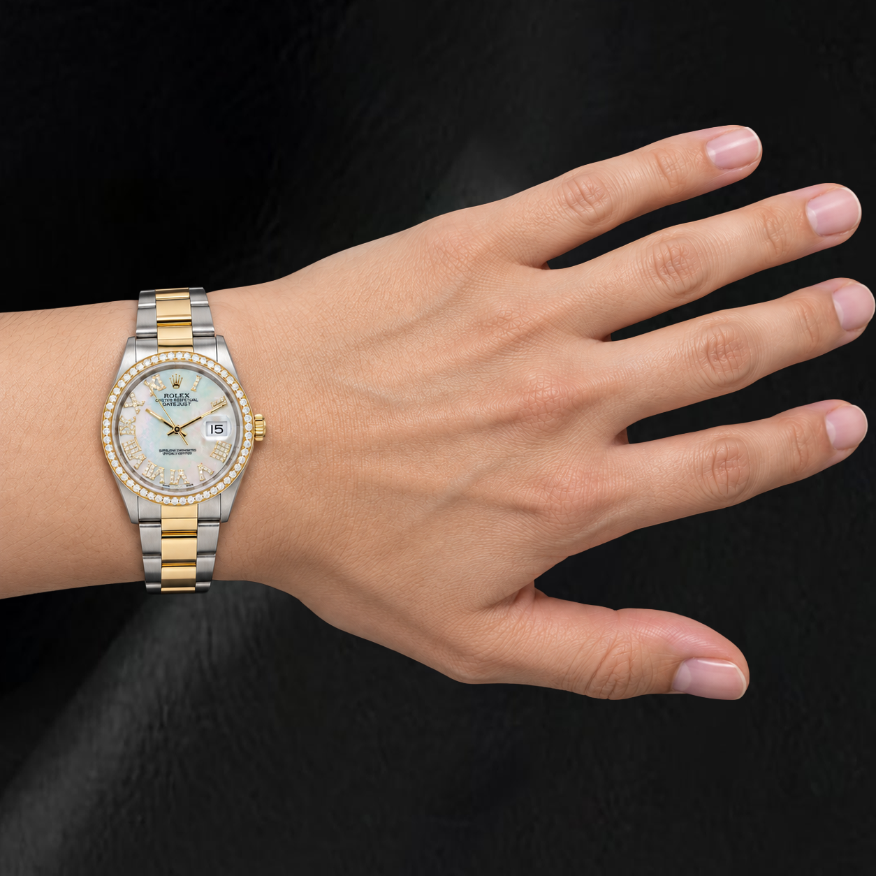 Rolex Datejust 16203 36 mm Bicolor Uhr, weißes Perlmutt-Diamantzifferblatt mit römischen Ziffern