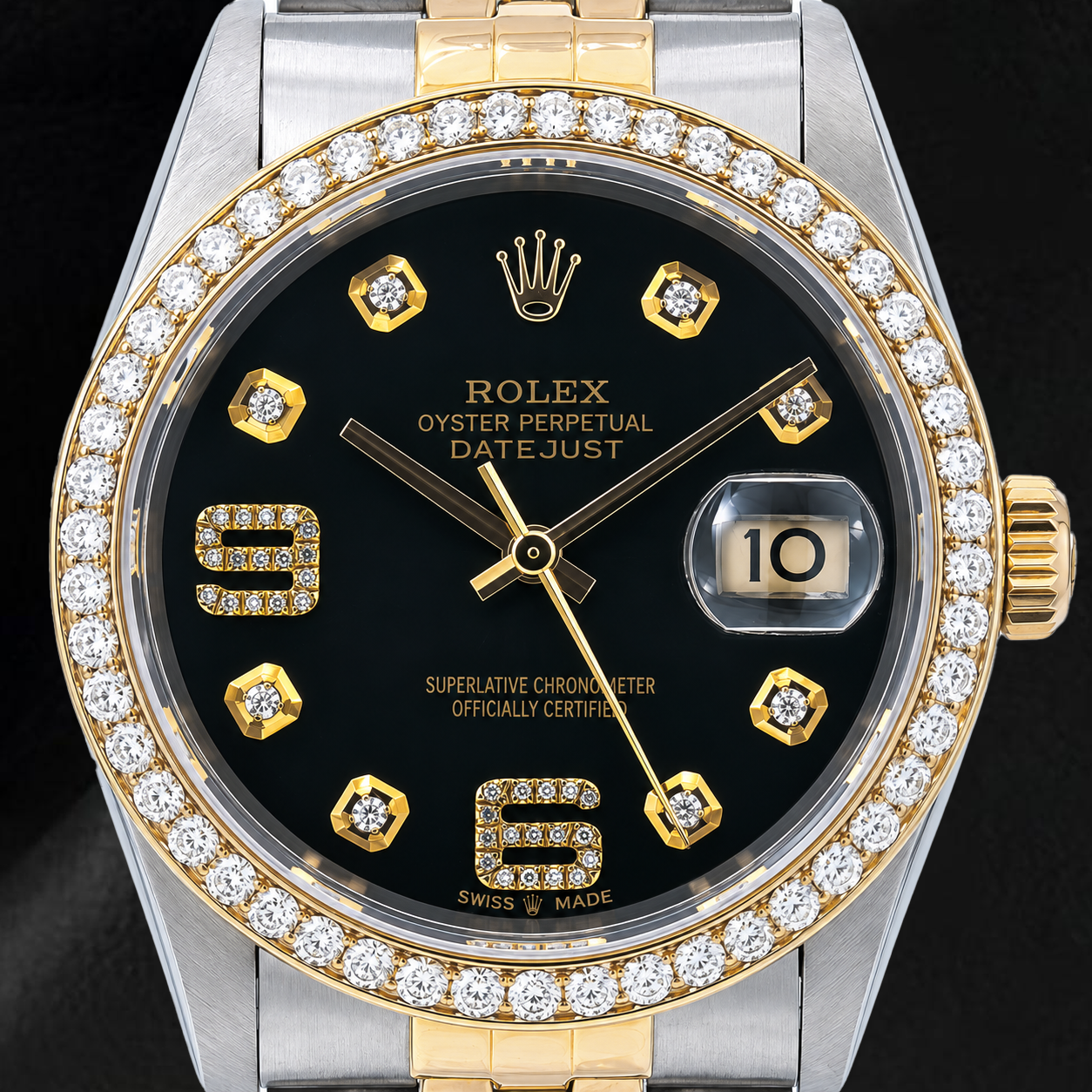 Rolex Datejust 16233 36 mm Bicolor-Uhr mit schwarzem Diamantzifferblatt und arabischen Ziffern