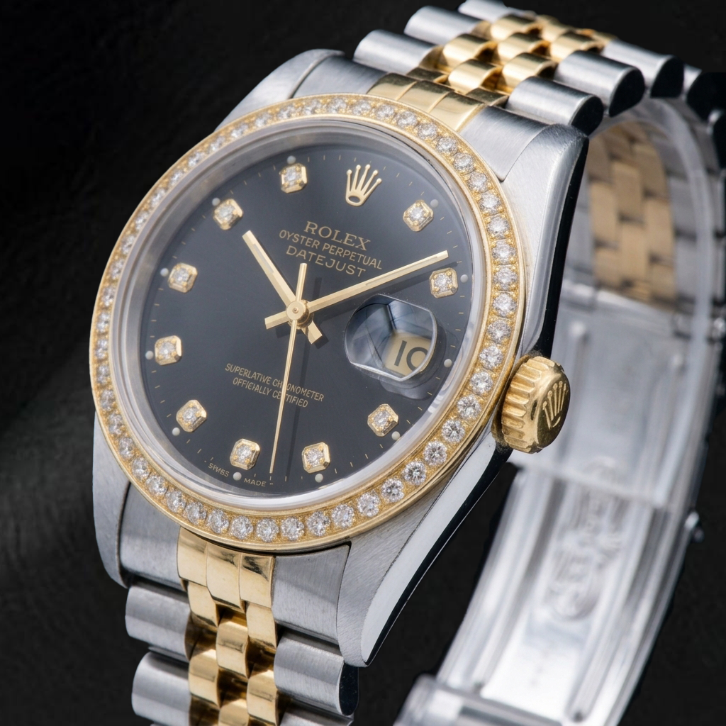 Rolex Datejust 16233 36 mm Bicolor-Uhr mit schwarzem Diamantzifferblatt und arabischen Ziffern