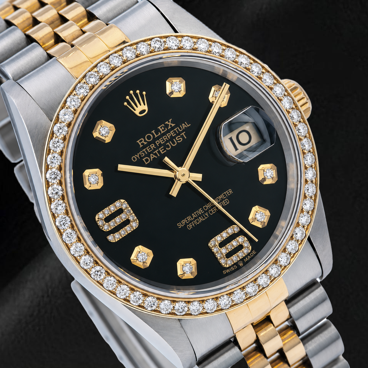 Rolex Datejust 16233 36 mm Bicolor-Uhr mit schwarzem Diamantzifferblatt und arabischen Ziffern