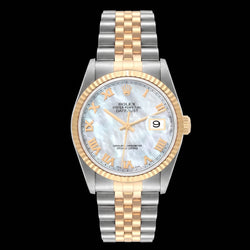 Rolex Datejust 16233 36 mm Bicolor Uhr mit blauem Perlmutt-Zifferblatt und römischen Ziffern