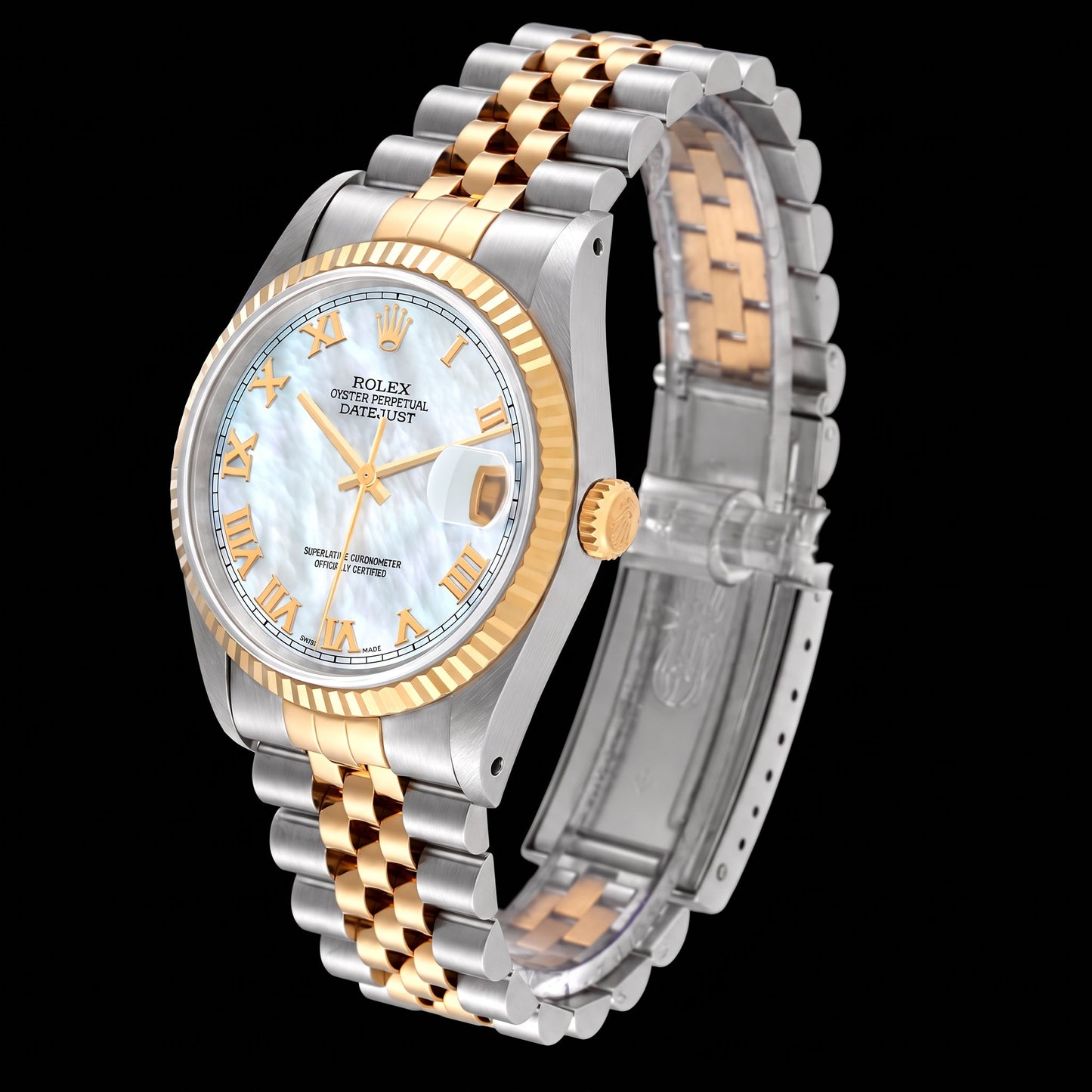 Rolex Datejust 16233 36 mm Bicolor Uhr mit blauem Perlmutt-Zifferblatt und römischen Ziffern