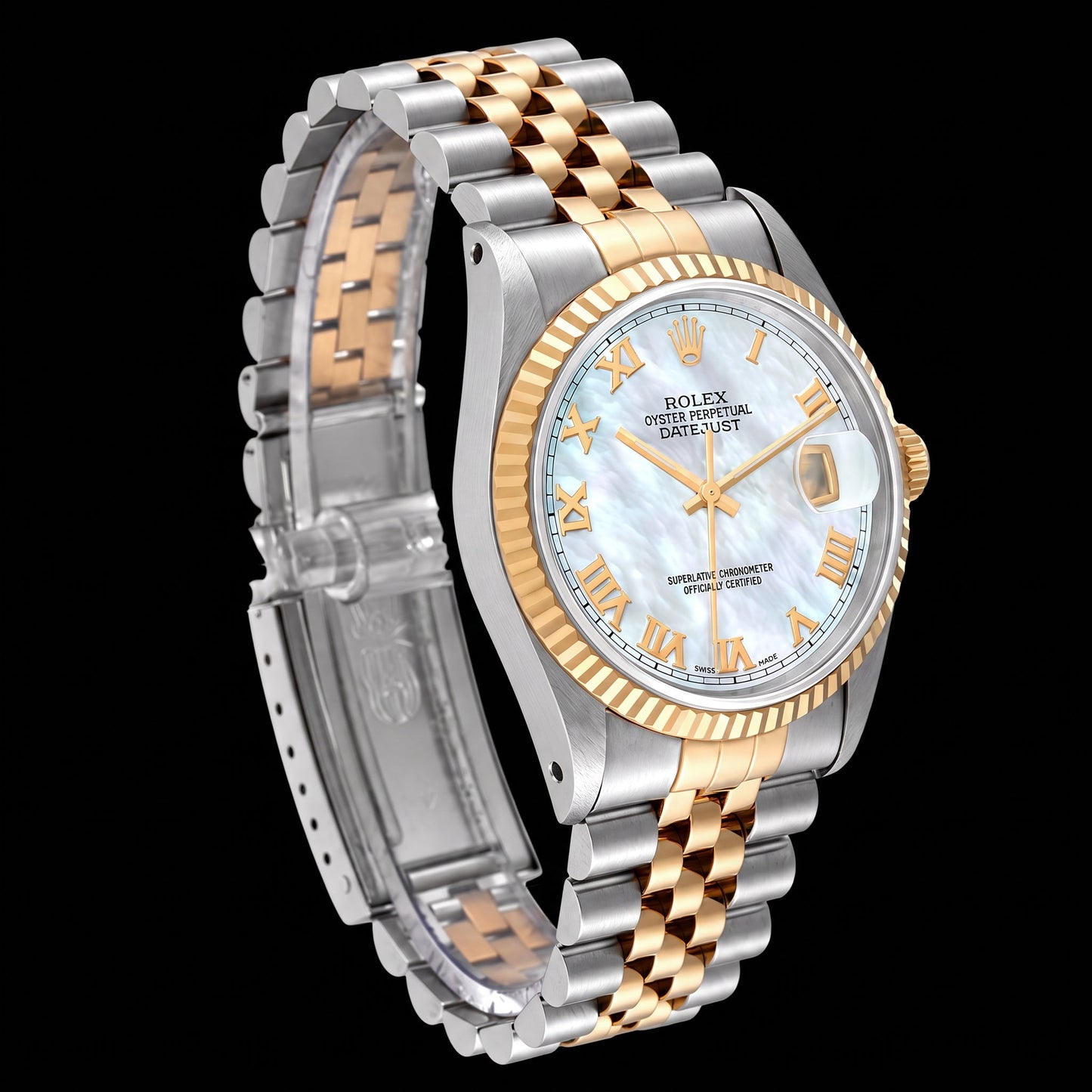 Rolex Datejust 16233 36 mm Bicolor Uhr mit blauem Perlmutt-Zifferblatt und römischen Ziffern