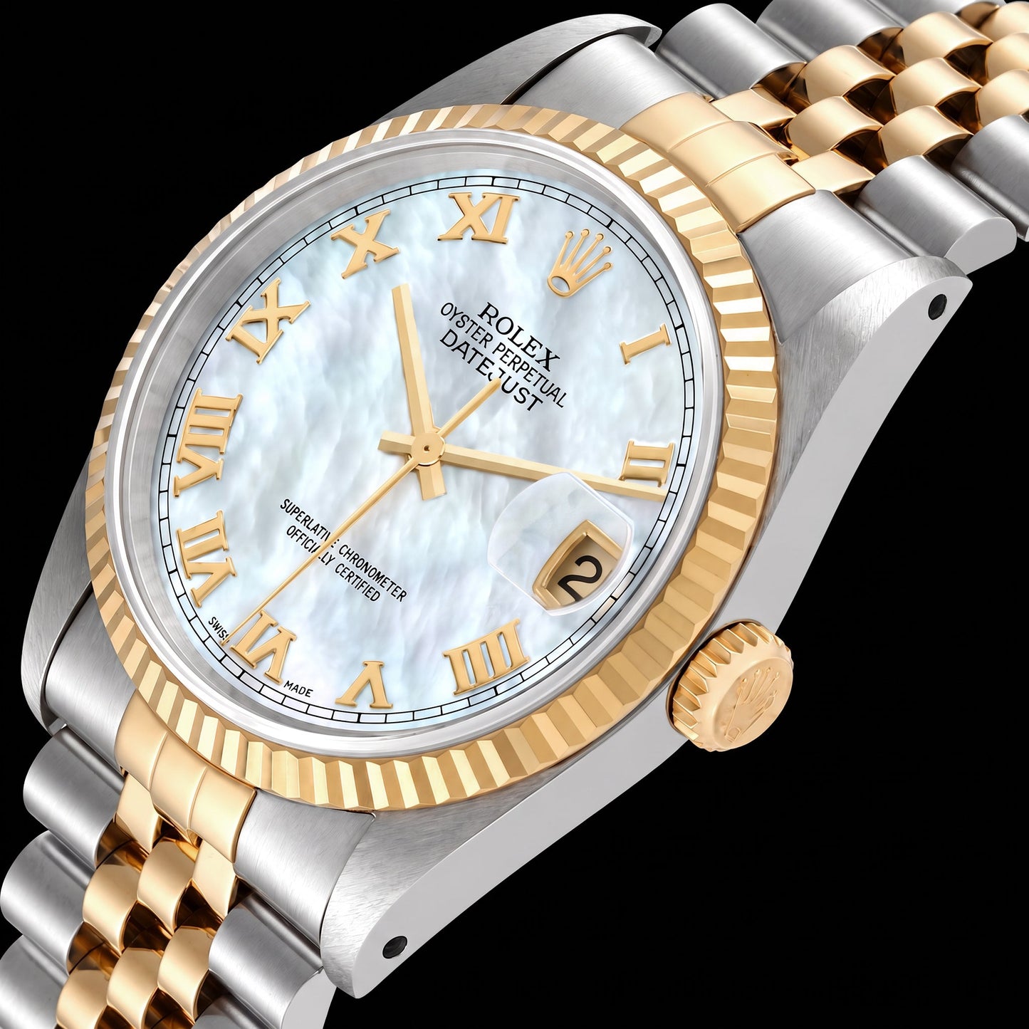 Rolex Datejust 16233 36 mm Bicolor Uhr mit blauem Perlmutt-Zifferblatt und römischen Ziffern