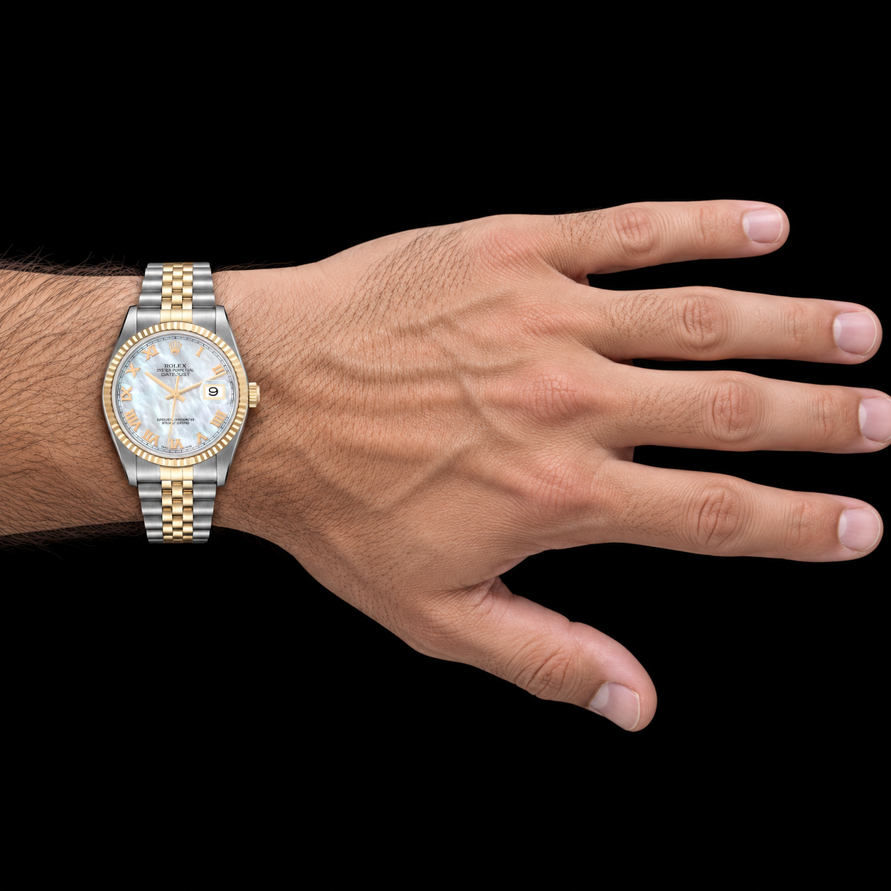 Rolex Datejust 16233 36 mm Bicolor Uhr mit blauem Perlmutt-Zifferblatt und römischen Ziffern