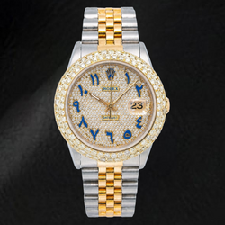 Rolex Datejust 16233 36 mm Bicolor Uhr, blaues Diamant-Pavé-Zifferblatt mit östlich-arabischen Ziffern