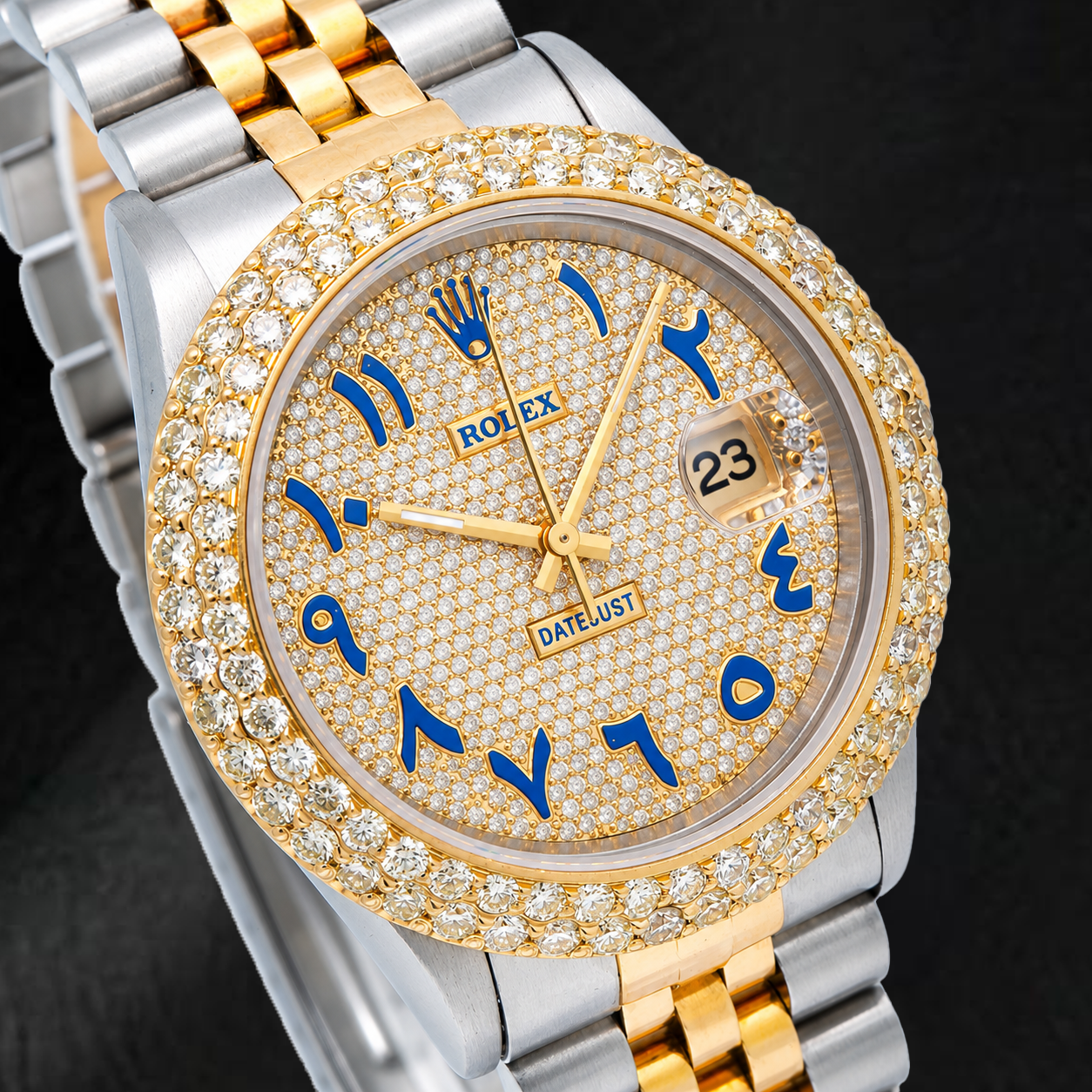 Rolex Datejust 16233 36 mm Bicolor Uhr, blaues Diamant-Pavé-Zifferblatt mit östlich-arabischen Ziffern
