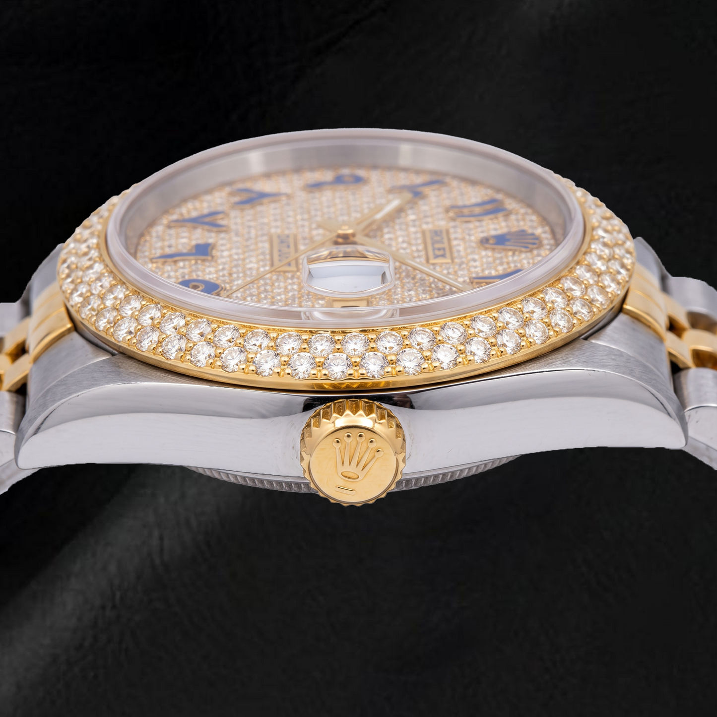 Rolex Datejust 16233 36 mm Bicolor Uhr, blaues Diamant-Pavé-Zifferblatt mit östlich-arabischen Ziffern