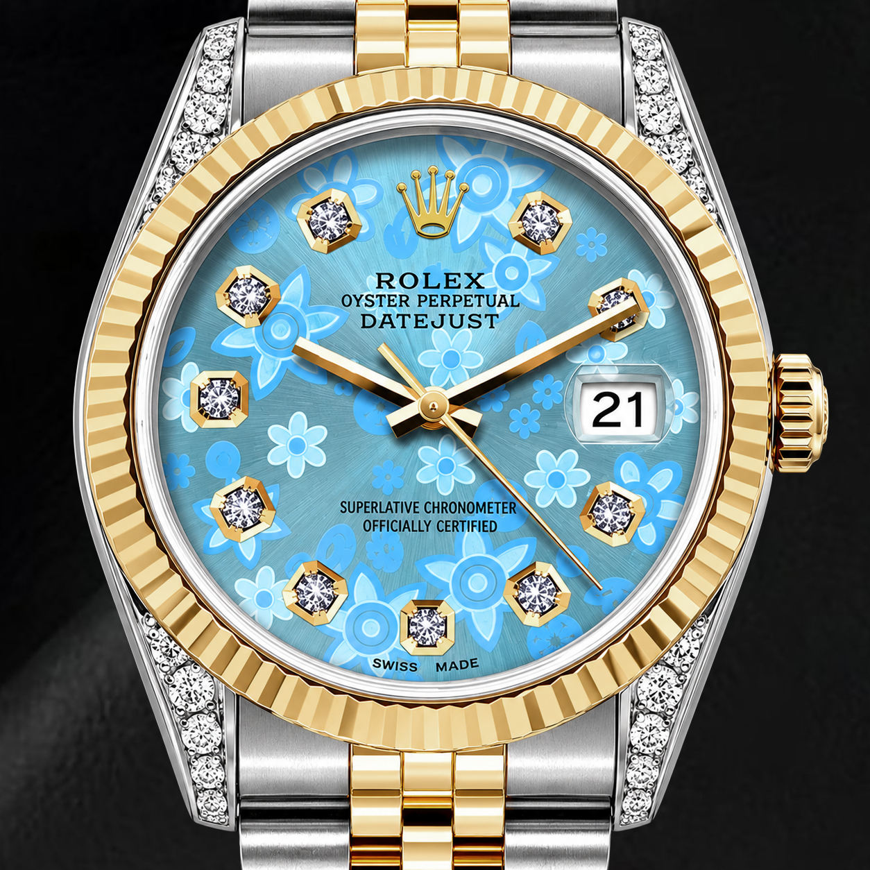 Rolex Datejust 16233 36 mm Bicolor-Uhr mit eisblauem floralem Diamantzifferblatt