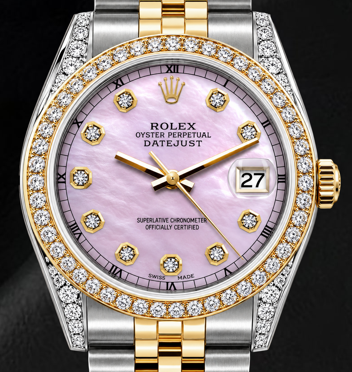 Rolex Datejust 16233 36 mm Bicolor-Uhr mit rosa Perlmutt-Diamantzifferblatt