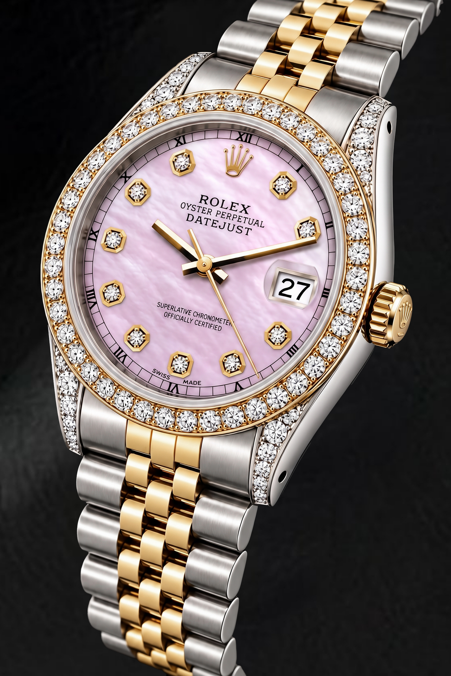 Rolex Datejust 16233 36 mm Bicolor-Uhr mit rosa Perlmutt-Diamantzifferblatt