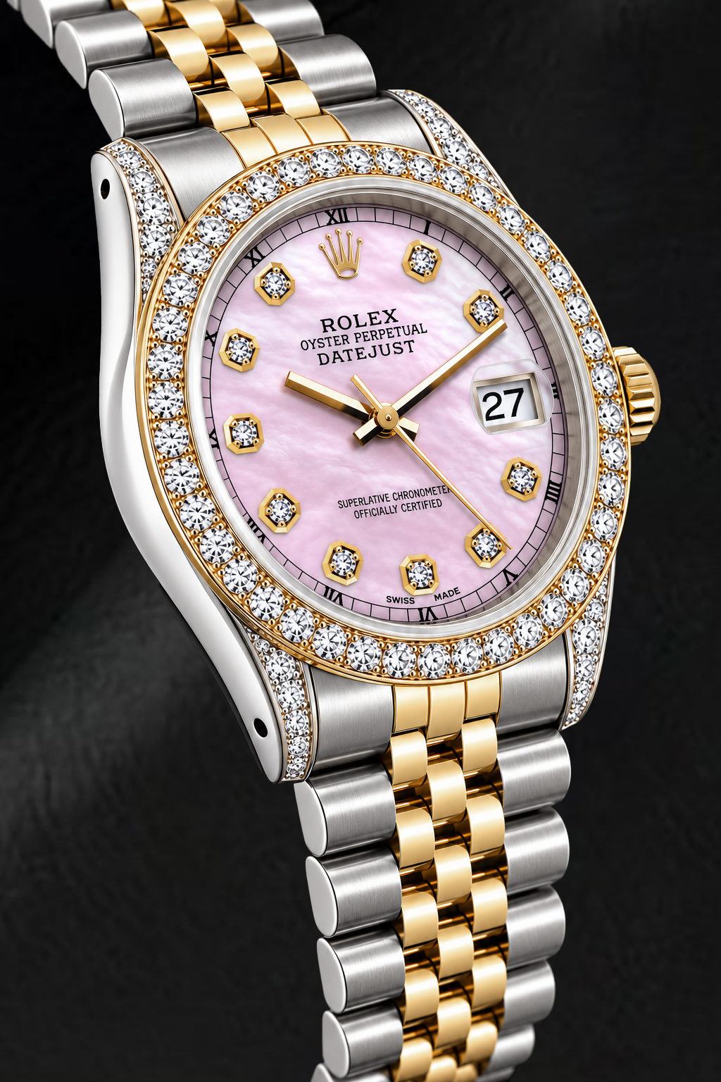 Rolex Datejust 16233 36 mm Bicolor-Uhr mit rosa Perlmutt-Diamantzifferblatt