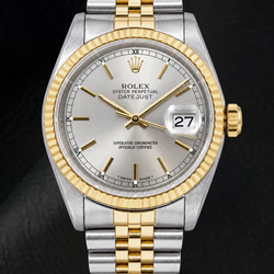 Rolex Datejust 16233 36 mm Bicolor-Uhr mit silbernem Zifferblatt mit Stabindizes