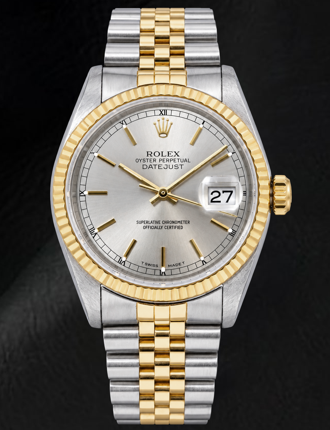 Rolex Datejust 16233 36 mm Bicolor-Uhr mit silbernem Zifferblatt mit Stabindizes