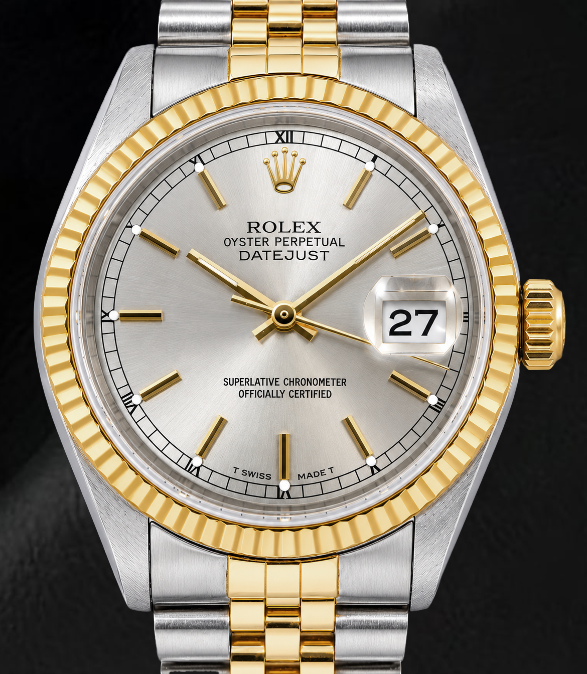 Rolex Datejust 16233 36 mm Bicolor-Uhr mit silbernem Zifferblatt mit Stabindizes