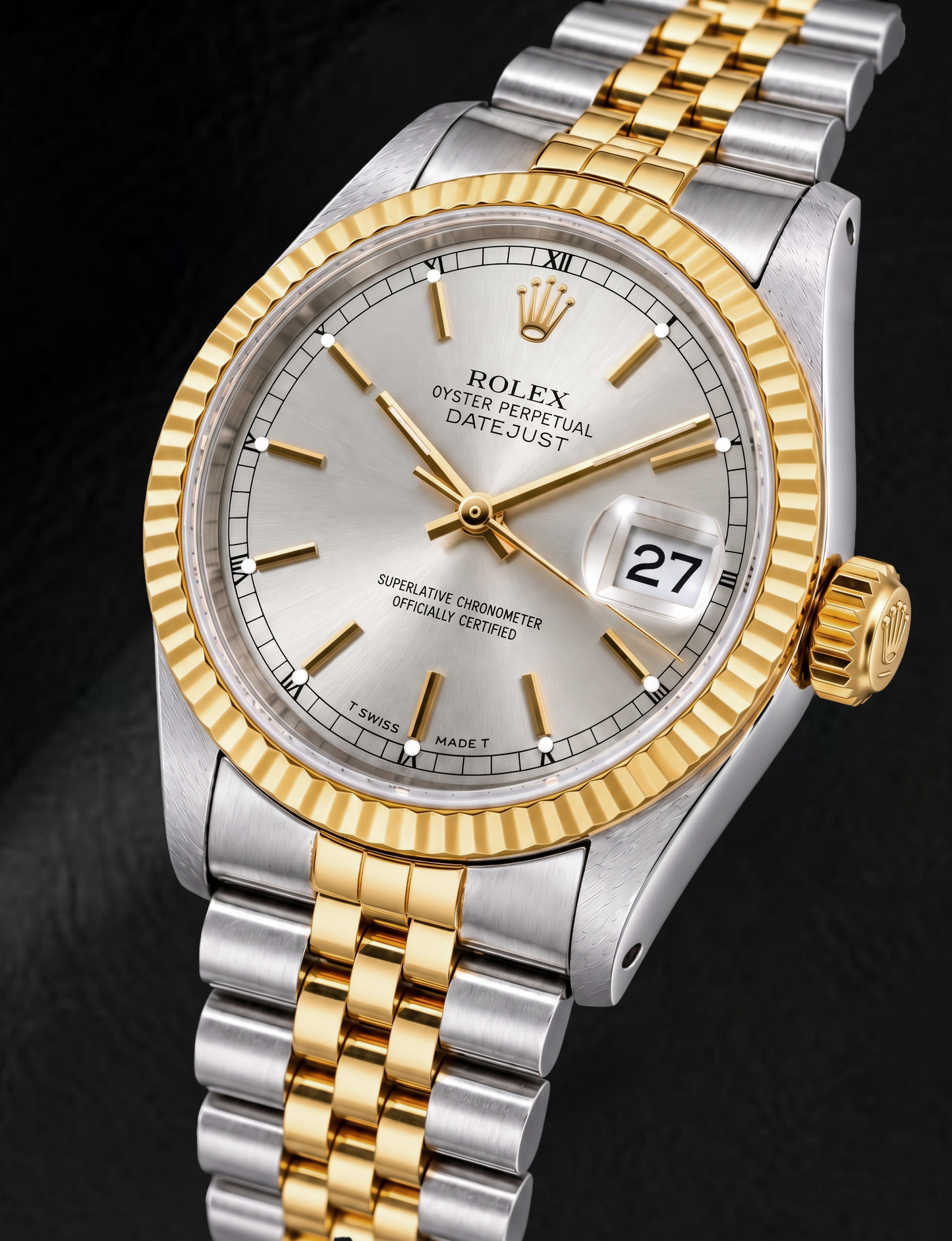 Rolex Datejust 16233 36 mm Bicolor-Uhr mit silbernem Zifferblatt mit Stabindizes