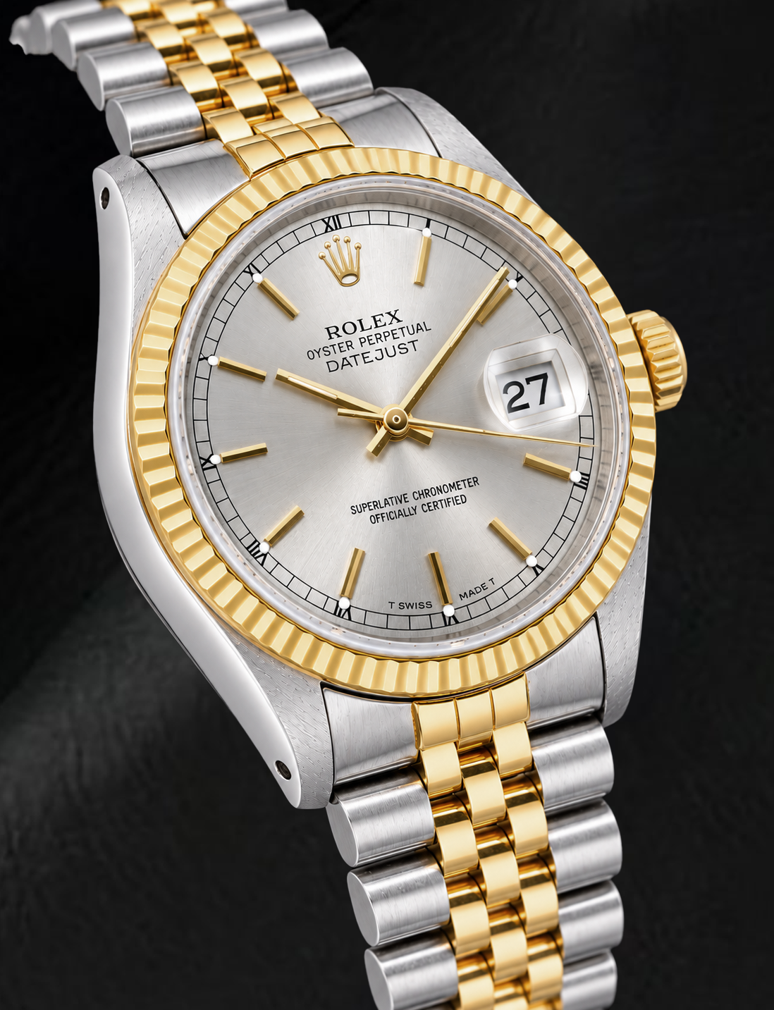 Rolex Datejust 16233 36 mm Bicolor-Uhr mit silbernem Zifferblatt mit Stabindizes