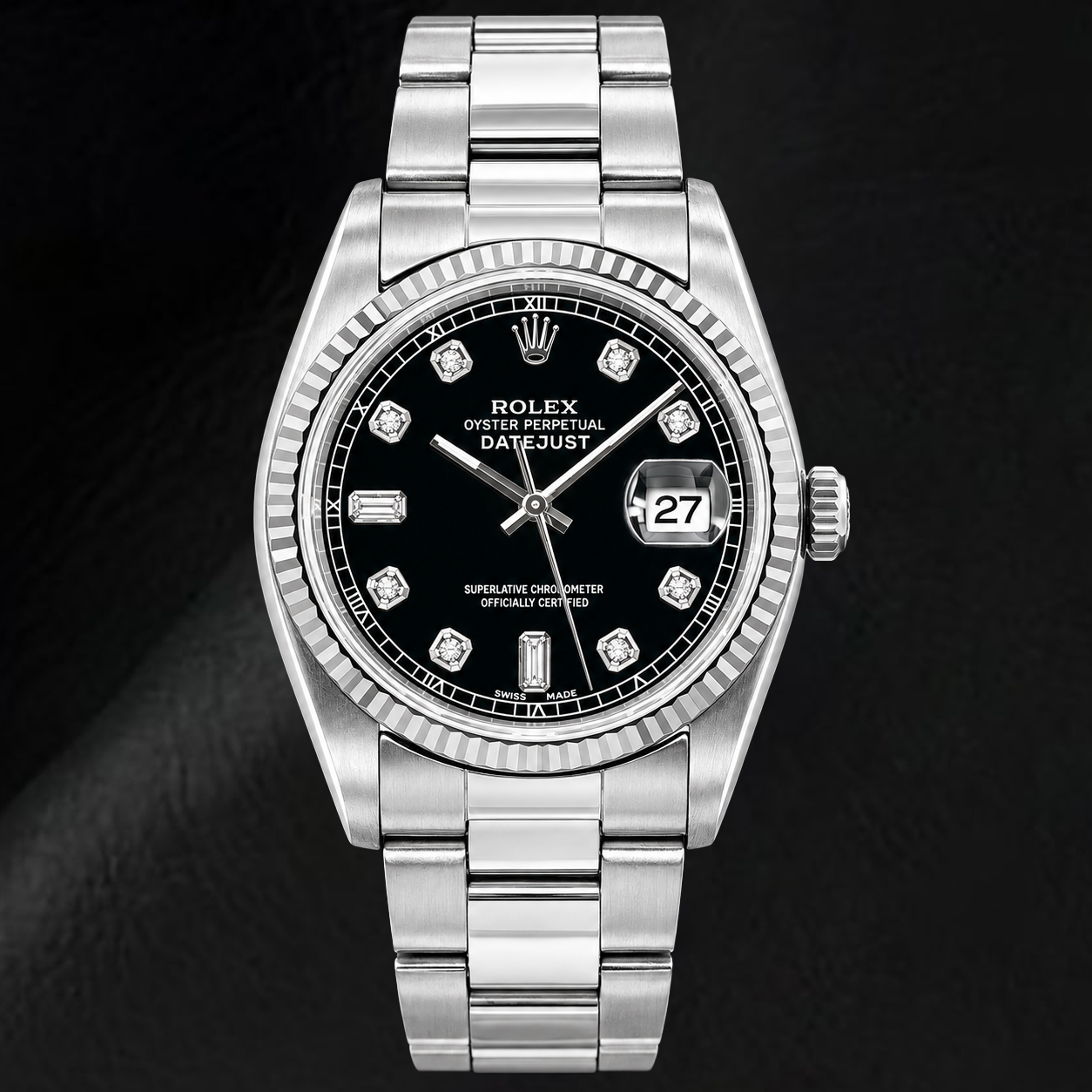 Rolex Datejust 16234 36 mm Uhr aus Edelstahl mit schwarzem Diamantzifferblatt