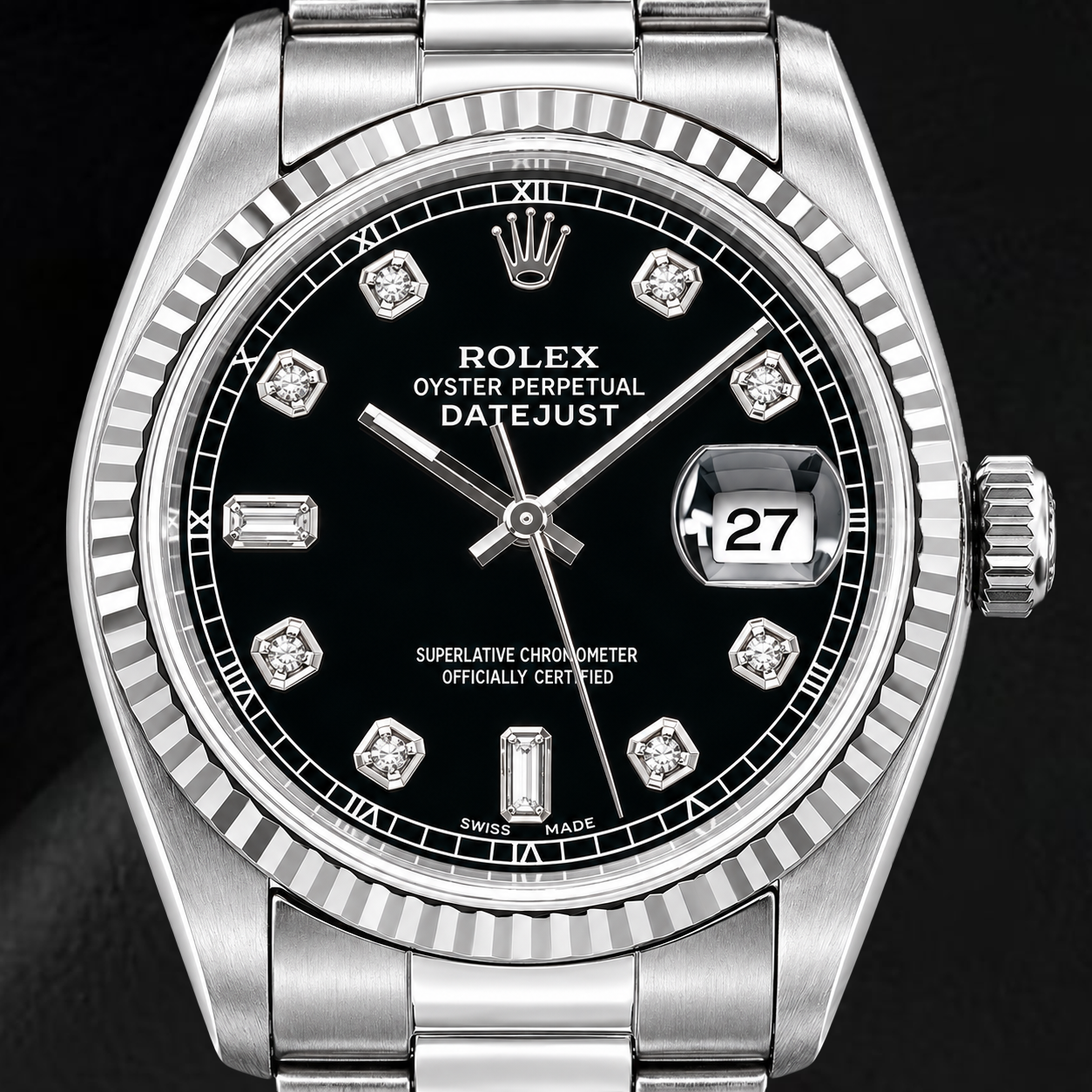Rolex Datejust 16234 36 mm Uhr aus Edelstahl mit schwarzem Diamantzifferblatt