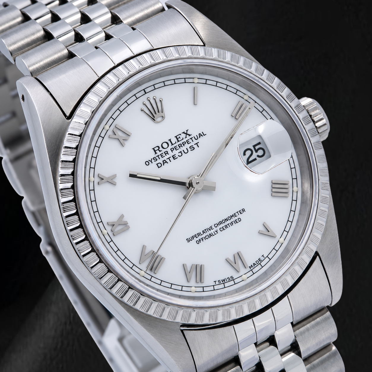 Rolex Datejust 16620 36 mm Edelstahl-Armbanduhr mit weißem Zifferblatt und römischen Ziffern