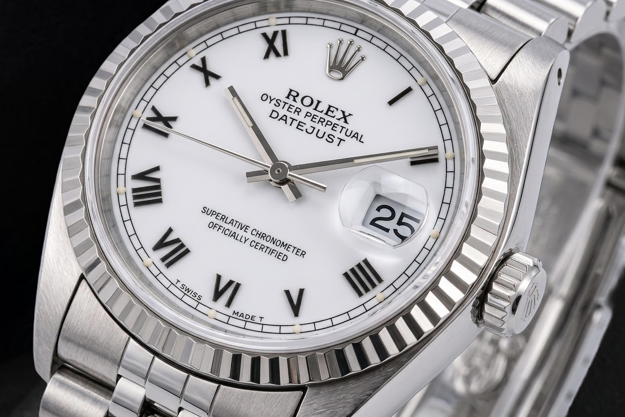 Rolex Datejust 16620 36 mm Edelstahl-Armbanduhr mit weißem Zifferblatt und römischen Ziffern