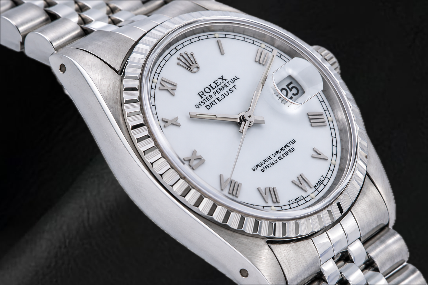 Rolex Datejust 16620 36 mm Edelstahl-Armbanduhr mit weißem Zifferblatt und römischen Ziffern