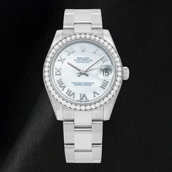 Rolex Datejust 178240 31 mm Uhr aus Edelstahl, weißes Perlmutt-Zifferblatt mit römischen Ziffern, Diamant-Lünette
