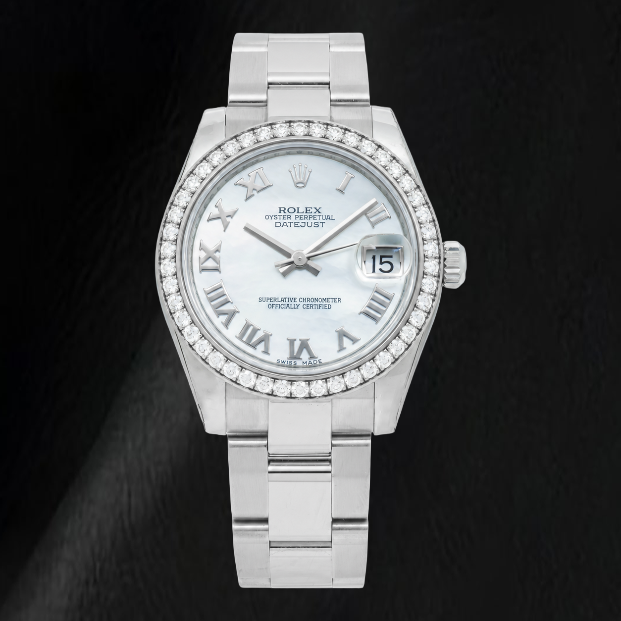 Rolex Datejust 178240 31 mm Uhr aus Edelstahl, weißes Perlmutt-Zifferblatt mit römischen Ziffern, Diamant-Lünette