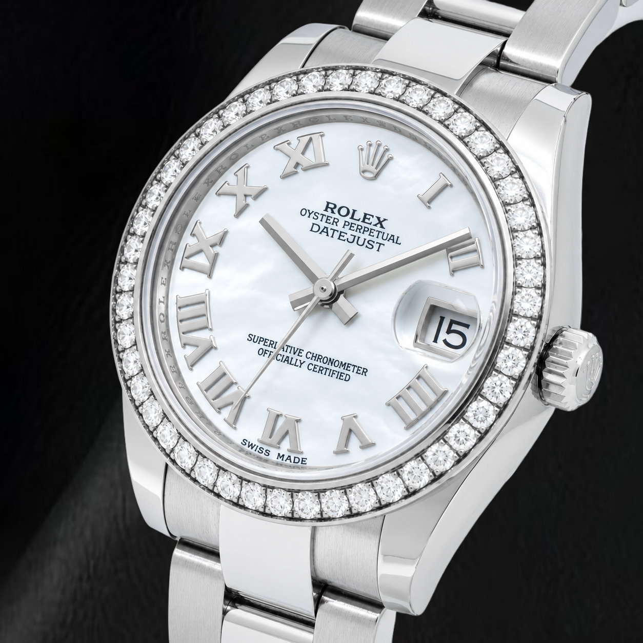 Rolex Datejust 178240 31 mm Uhr aus Edelstahl, weißes Perlmutt-Zifferblatt mit römischen Ziffern, Diamant-Lünette