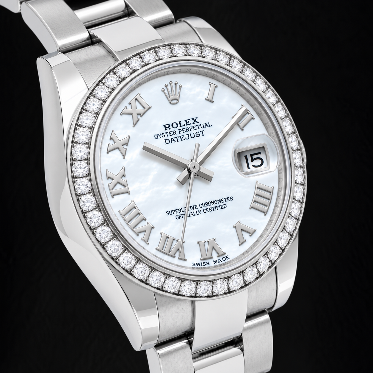 Rolex Datejust 178240 31 mm Uhr aus Edelstahl, weißes Perlmutt-Zifferblatt mit römischen Ziffern, Diamant-Lünette