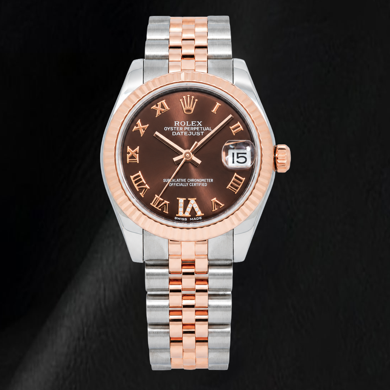 Rolex Datejust 178271 31 mm Uhr, schokoladenbraunes Diamantzifferblatt mit römischen Ziffern, Bicolor Jubilé-Armband